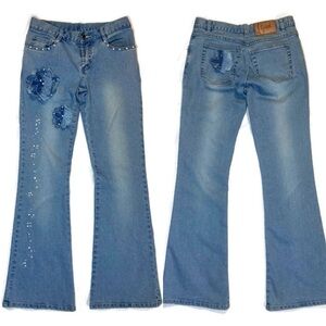 Vtg 90s Y2K Yagi Bell Bottom Flare Embellished Beaded Low Rise Blue Jeans XS